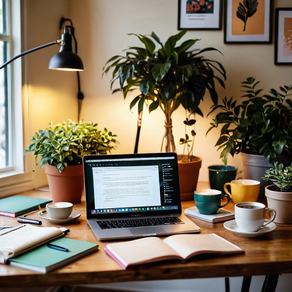 A cozy workspace featuring an open laptop with a vibrant online journal displayed on the screen. Surrounded by colorful notebooks, a steaming cup of coffee, and a potted plant, symbolizing creativity and growth. A diverse group of friends collaborating and laughing nearby, representing community engagement. Soft warm lighting enhances the inviting atmosphere. super-realistic. warm colors. inviting ambiance.