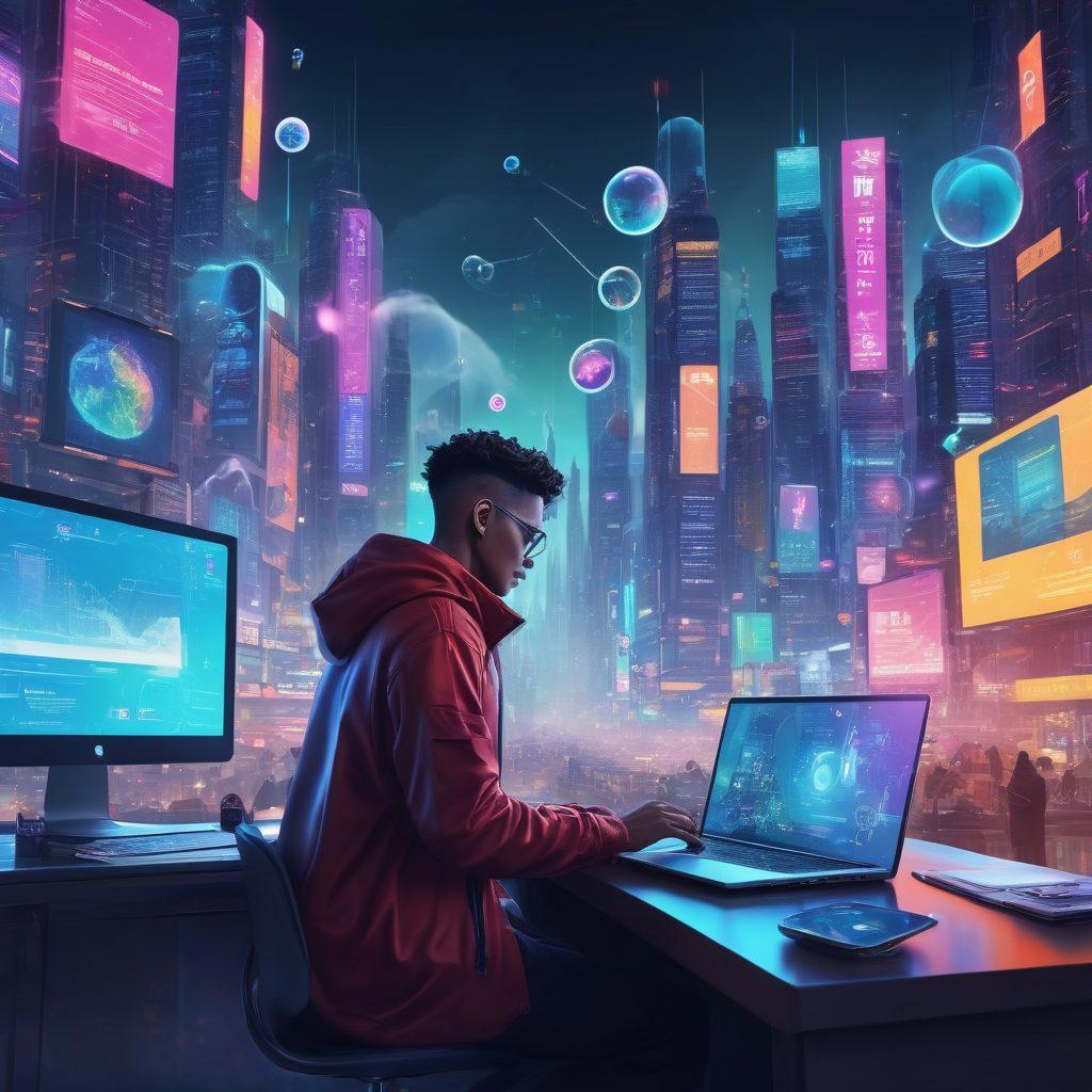 A vibrant, futuristic cityscape symbolizing the blogosphere, filled with diverse digital screens showcasing blogs. Each screen features rich colors and various blog categories like travel, tech, and lifestyle. In the foreground, a person with a laptop is confidently navigating through floating bubbles representing ideas and analytics. The background blends into a cloud of connected digital icons, signifying connectivity and knowledge sharing. cyberpunk. vibrant colors. super-realistic.