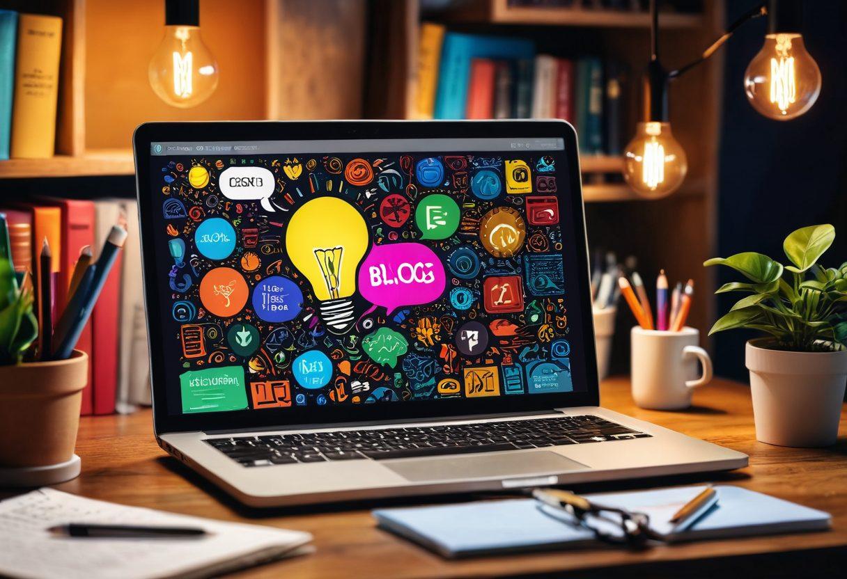 A captivating open laptop displaying a colorful blog interface, surrounded by imaginative icons representing creativity and engagement (like a lightbulb, pencil, and chat bubbles). In the background, a cozy workspace with books and a plant to evoke inspiration, blending a sense of digital exploration with personal touch. super-realistic. vibrant colors. cozy atmosphere.